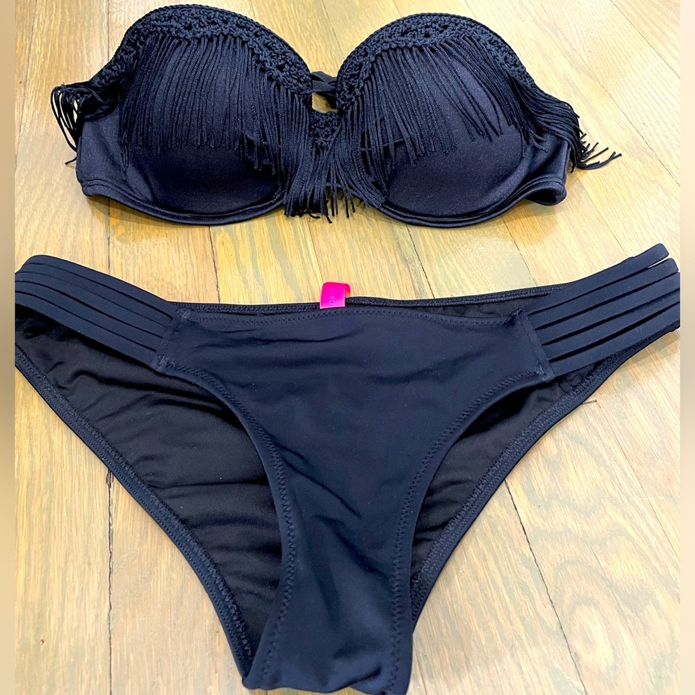 Victoria secret blk strapless fringe bikini top 34b, cut out cheeky bottom S